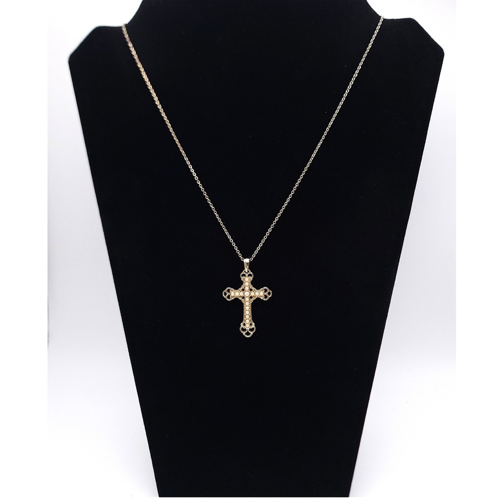 Vintage Style Gold Tone Filigree Cross Necklace Faux Pearl Pendant 18-20in